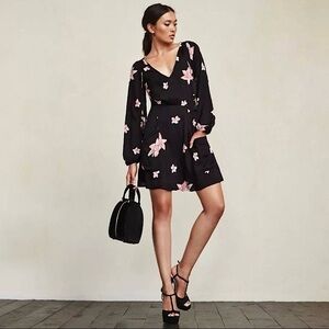 REFORMATION Floral Crepe Puff Long Sleeve Tie V-Neck Apron Pockets Mini Dress 10